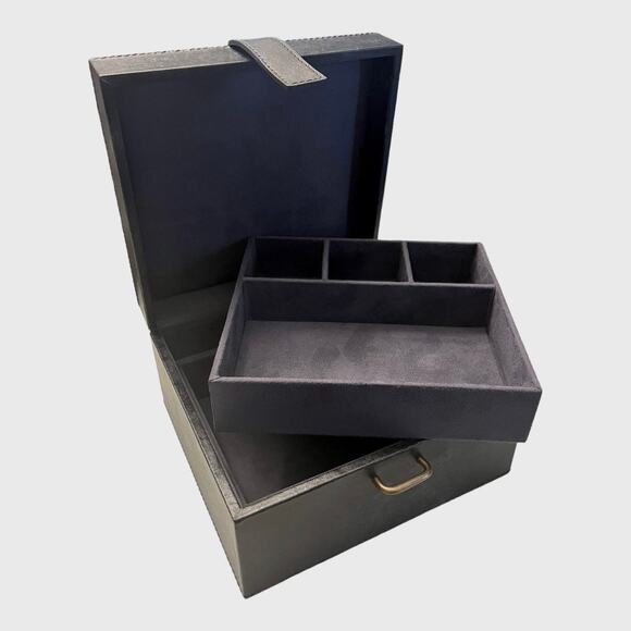 PB Black LEATHER JEWELRY BOX + TRAY Mens Ladies 8” Square Dresser Organizer - Picture 1 of 13